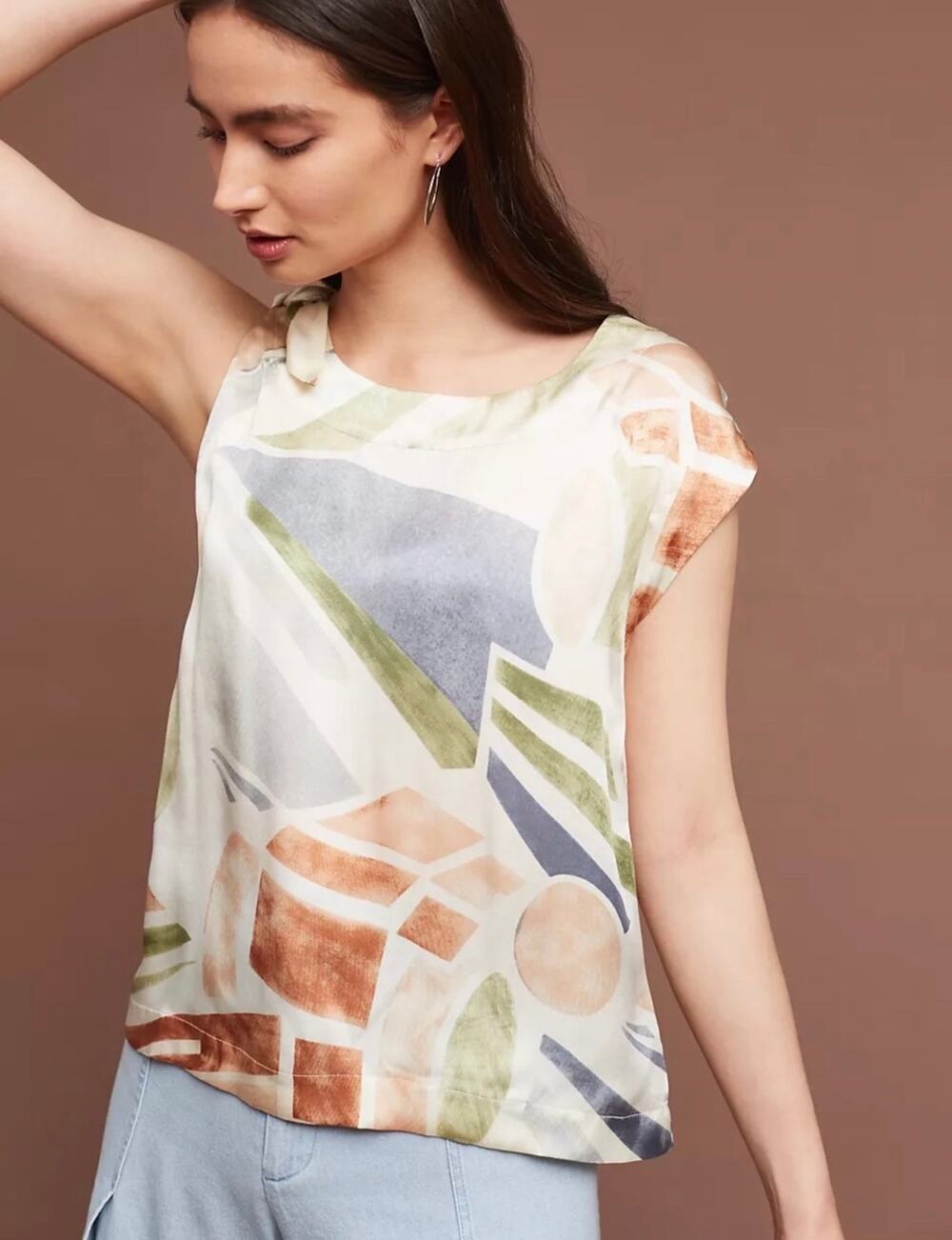 NWT Maeve 100% Silk Geometric Dainty Neutral Workwear Blouse Boho Size Small